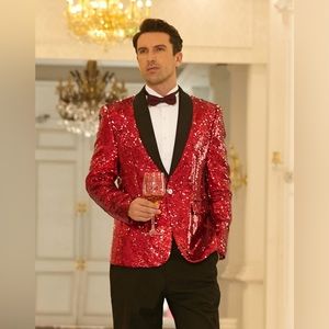 Men Shiny Sequin Two Tone Blazer Tuxedo Party Dinner Prom One Button Suit Jacket